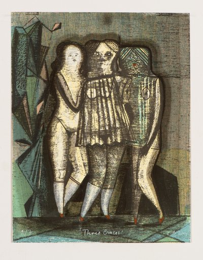 Trois grâces, 2014 (lithographie mokulito avec coloriage à la main) - Cathie Pilkington