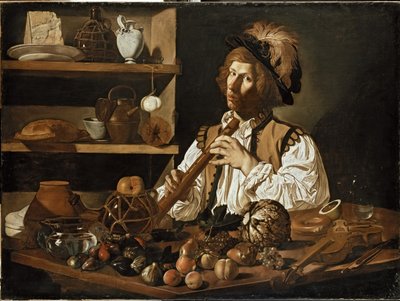 Intérieur avec une nature morte et un jeune homme tenant une flûte à bec, XVIIe siècle - Cecco de Caravaggio