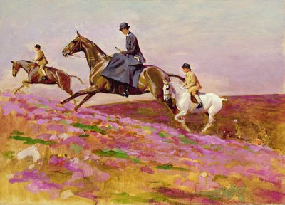 Lady Currie avec ses fils Bill et Hamish chassant sur Exmoor - Cecil Charles Windsor Aldin
