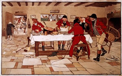 Le goûter des trois pigeons. Les chasseurs cuisinent et mangent rapidement avant de partir à la chasse. Gravure de Cecil Aldin (1870 -? ), Angleterre. Coll. Deal - Cecil Charles Windsor Aldin