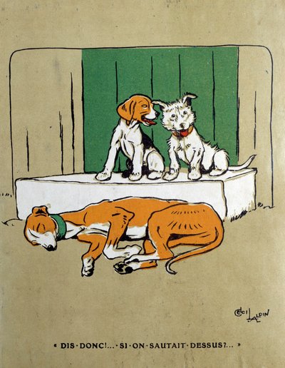Pourquoi ne sautons-nous pas sur deux chiens hésitant à réveiller une levure endormie ? Aquarelle de Cecil Aldin (1870-1935) 19ème siècle Paris, Arts décoratifs - Cecil Charles Windsor Aldin