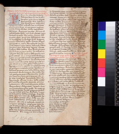 Ms 148. Grégoire le Grand, Dialogues en traduction italienne par Domenico Cavalca, f.1r Lettres décorées [P] et [D] en rouge avec décoration au trait en bleu - Central Italian School