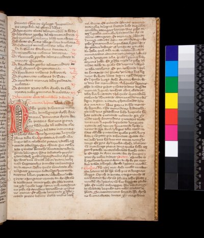 Ms 148. Grégoire le Grand, Dialogi en traduction italienne par Domenico Cavalca, f.2r Initiale décorée [N] en encre rouge avec ornementation à la plume en encre brune - Central Italian School