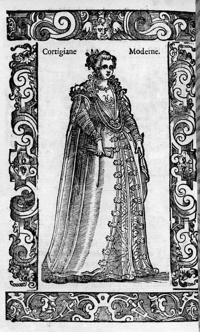Renaissance : une courtisane romaine au 16ème siècle. Gravure de "Costumes modernes et anciens" de Cesare Vecellio - Cesare (attr. to) Vecellio
