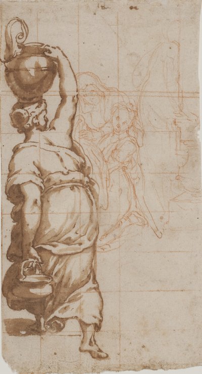 Femme avec une jarre sur la tête vue de dos, deux femmes avec un tissu en arrière-plan - Cesare Nebbia