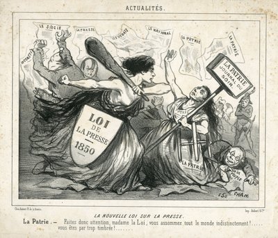 Illustration de Cham dans Le Charivari, vers 1850 - La nouvelle loi sur la presse - Censure, Presse/Médias, Loi - Proudhon Pierre-Joseph, Girardin Emile de - Allégorie - Amédée de Noé