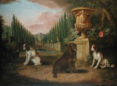 Trois épagneuls dans un jardin formel, vers 1730 - Charles (and Studio) Collins