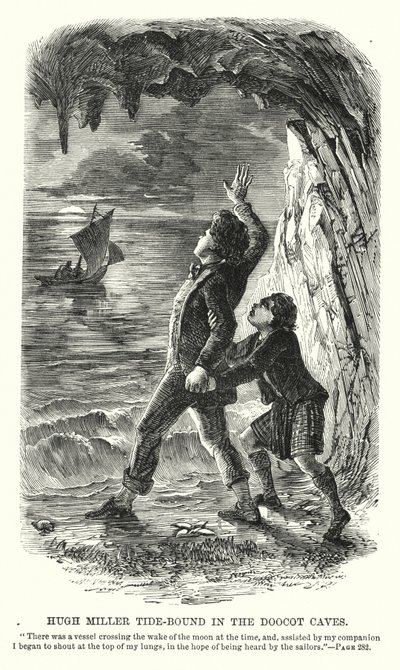 Hugh Miller bloqué par la marée dans les grottes de Doocot (gravure) - Charles Altamont Doyle