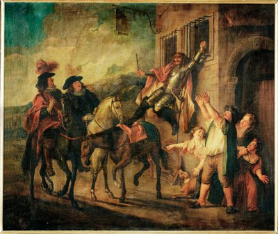 Don Quichotte attache a unse fenetre par la malice de Maritorne - Don Qijote, par la malice de Maritorne, est attaché à une fenêtre ... - Charles Antoine Coypel
