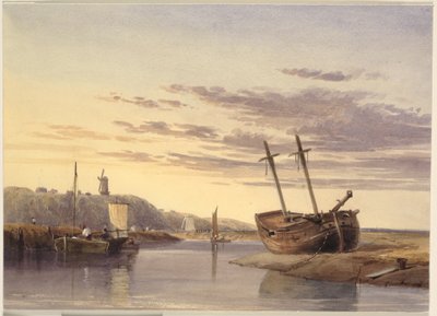 Bateaux de pêche dans le port de Rye, avec un moulin à vent au loin - Charles Bentley