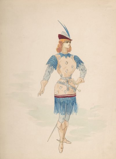 Conception de costume pour un cavalier en bleu et bordeaux avec chapeau à plumes et épée - Charles Bianchini