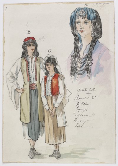 Holmès - La montagne noire - costume designs by Charles Bianchini - 09. Petites filles. Mlles Charrier 2e, Gillet, Taugh , Lozeran, Renoir, Evel - Charles Bianchini