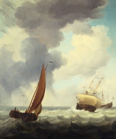 Navires marchands néerlandais et un caboteur dans une mer agitée - Charles Brooking