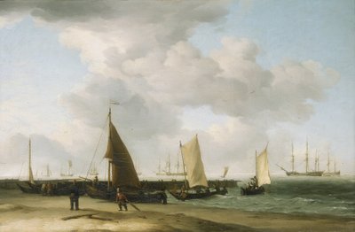 Scène sur le rivage, avec un bâtiment de guerre à l