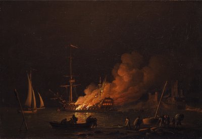 Navire en feu la nuit - Charles Brooking