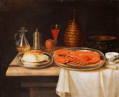 Nature morte avec un homard et du pain sur des plateaux, une carafe de vin et d