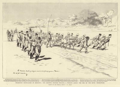 Difficultés de transport en Rhodésie, les septièmes hussards tirant un chariot à travers le lit de la rivière Umzingwane - Charles Edwin Fripp