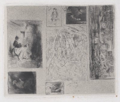 Planche composite: Femme et enfants a, Vieux musicien b, Marchand de friture c, Paysage ..., 1843 - Charles Emile Jacque