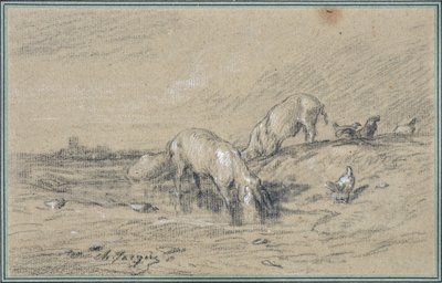 Troupeau de cochons. Dessin de Charles Jacque (1813-1894) - Charles Emile Jacque