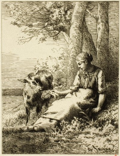 Berger avec troupeau de moutons au bord du bois - Charles Emile Jacque