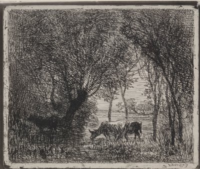 Vaches dans les bois, impression originale 1862, imprimée en 1921 - Charles Francois Daubigny