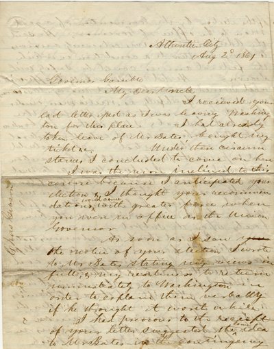 Lettre signée C. Gibson [Charles Gibson], Atlantic City, au gouverneur Gamble [Hamilton R. Gamble], 2 août 1861 - Charles Gibson