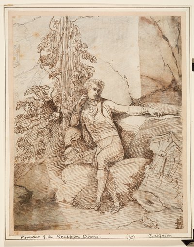 John Deare assis sur un rocher les jambes croisées, devant des arbres, avec son chapeau haut-de-forme à côté de lui - Charles Grignion