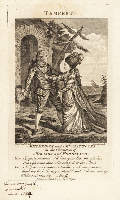 Mlle Ann Brown et M. George Mattocks dans les rôles de Miranda et Ferdinand dans une version opératique de La Tempête de William Shakespeare, Covent Garden Theatre - Charles Grignion