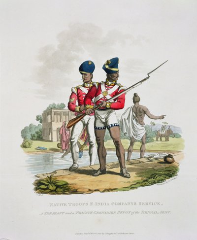 Troupes indigènes au service de la Compagnie des Indes orientales : un sergent et un grenadier sepoy du Bengale, gravé par Joseph Constantine Stadler, 1815 - Charles Hamilton Smith