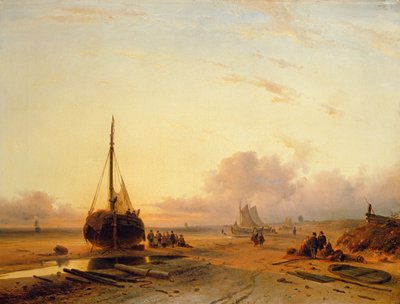 Scène de plage avec bateaux de pêche - Charles Henri Joseph Leickert