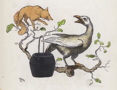 Renard et une oie avec sa queue dans un pot de colle - Charles Henry (after) Bennett