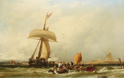 French : Vue de la côte hollandaise avec un voilier et des bateaux Dutch Coastal View with Sailing Ship and Boats - Charles Hoguet