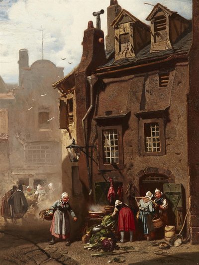 French : Marché dans une ville médiévale Market Day in a Medieval Town - Charles Hoguet