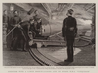 Exercice avec un canon à chargement par la culasse de 6 pouces à bord du HMS Conqueror - Charles J. Staniland
