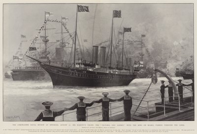 Revue navale du couronnement à Spithead, 16 août, le yacht de Sa Majesté, le Victoria et Albert, avec le roi à bord, passant à travers les lignes - Charles John de Lacy