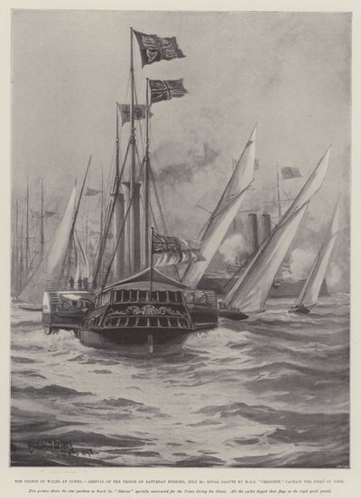 Le prince de Galles à Cowes, arrivée du prince le samedi soir, 30 juillet, salut royal par le HMS Crescent, capitaine le duc d