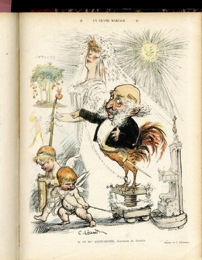 Illustration de Charles Léandre (1862-1934) dans Le Rire, 22/10/04 - Un grand mariage - Mariage - Coq, Meyer Arthur - Animalisation - Charles Leandre