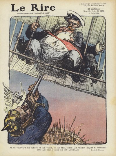Satire représentant le président français Armand Fallières volant en avion avec le tsar Nicolas - Charles Leandre