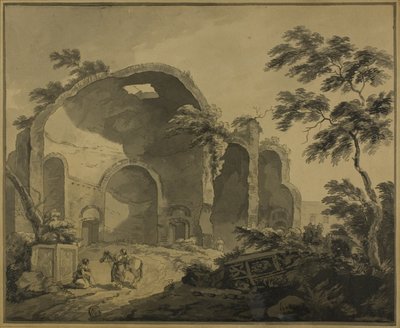 Ruines romaines avec deux paysans en conversation au premier plan - Charles Louis Clerisseau