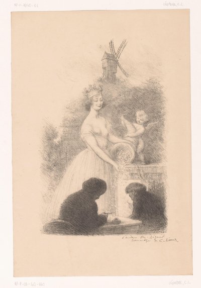 Femme couronnée et putto avec une corne d