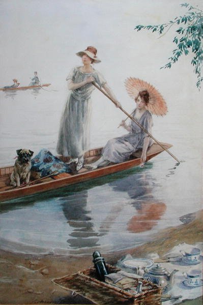 Deux filles avec leur carlin de compagnie retournant à leur pique-nique - Charles MacIvor or MacIver Grierson