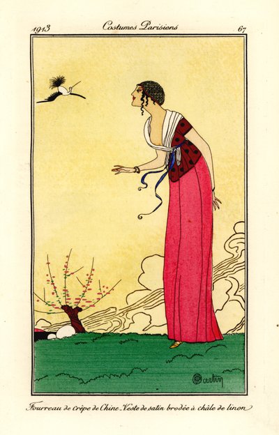 Femme en chapeau cloche, robe fourreau et haut en satin - Charles Martin