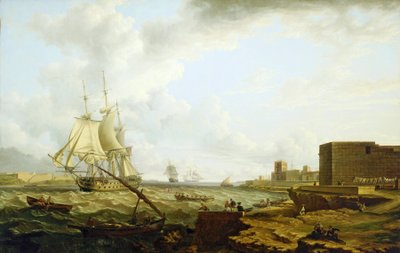 Un navire de guerre de troisième classe de la Royal Navy britannique entrant dans le port de Mahon (Espagne), avec une petite embarcation transportant des officiers vers le quai à droite - Charles Martin Powell