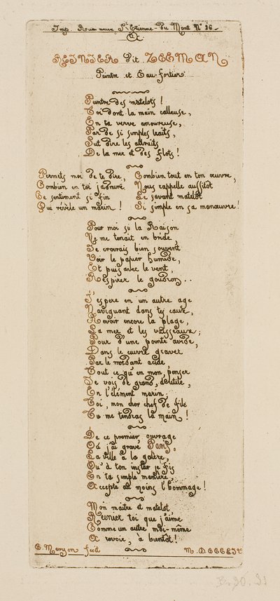 Vers dédicatoires de Meryon à Reinier Nooms, dit Zeeman - Charles Meryon