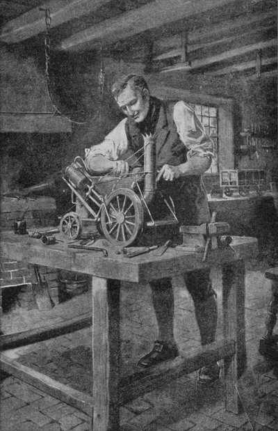 George Stephenson travaillant sur un modèle de sa Rocket, la locomotive qui a rendu le chemin de fer possible - Charles Mills (after) Sheldon