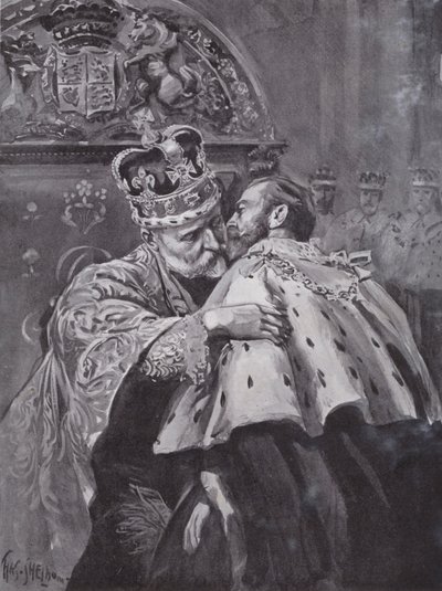 Le roi Édouard VII embrassant son fils, le prince de Galles, lors du couronnement du roi, abbaye de Westminster, Londres - Charles Mills (after) Sheldon