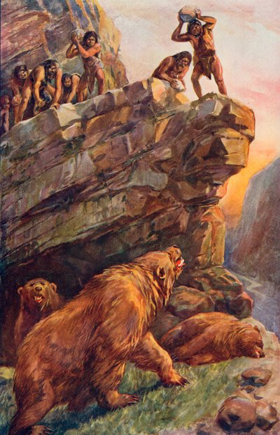 Hommes préhistoriques attaquant les grands ours des cavernes - Charles Mills Sheldon