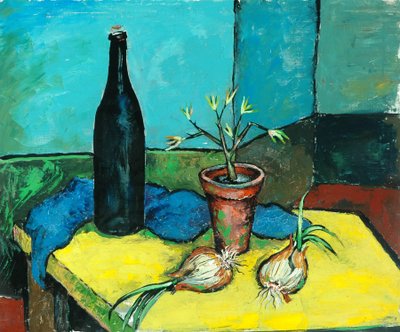 Bouteille noire et oignons (huile sur toile) - Charles Murray