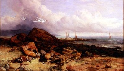 Scène de rivage avec bateau de pêche et sternes - Charles Napier Hemy