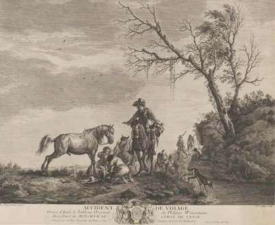 Un accident en voyage, un homme agenouillé réparant une selle cassée, un cheval pissant à ..., 1740-50 - Charles Nicolas Cochin